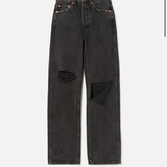Re/Done Black High Rise Loose Jeans (washed black with rips)
